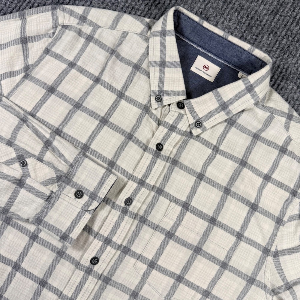 AG Adriano Goldschmied Mens Large Plaid Button Down Shirt Cream Grey Windowpane